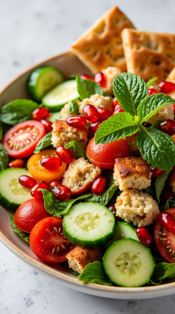 A beautiful lebanese fattoush salad vibrant and fresh with crispy toasted pita juicy tomatoes crunc