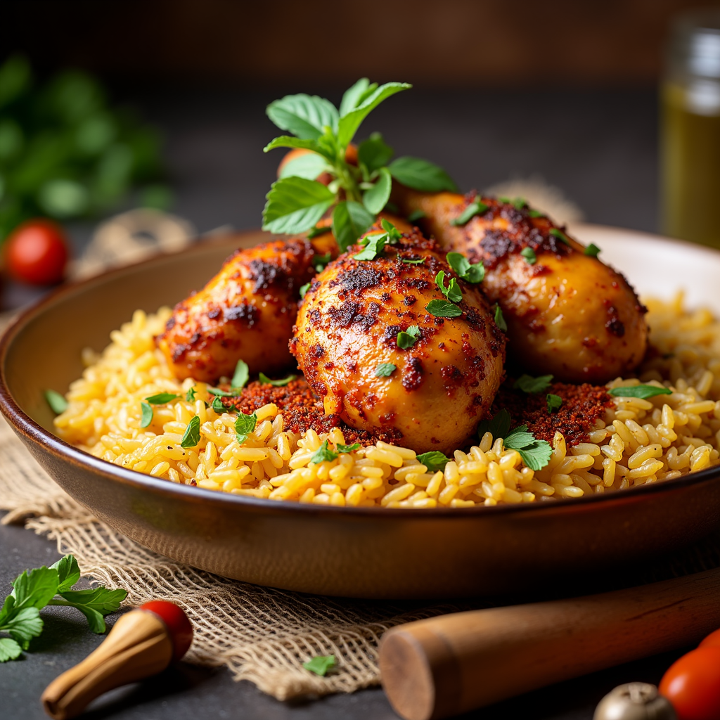 A beautifully arranged mandi yemeni dish featuring tender spiced chicken