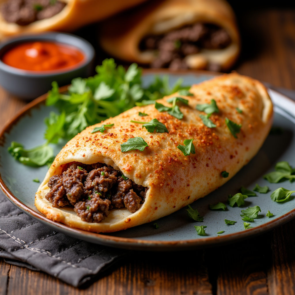 A beautifully styled plate of egyptian hawawshi featuring a crispy bread filled with minced spiced