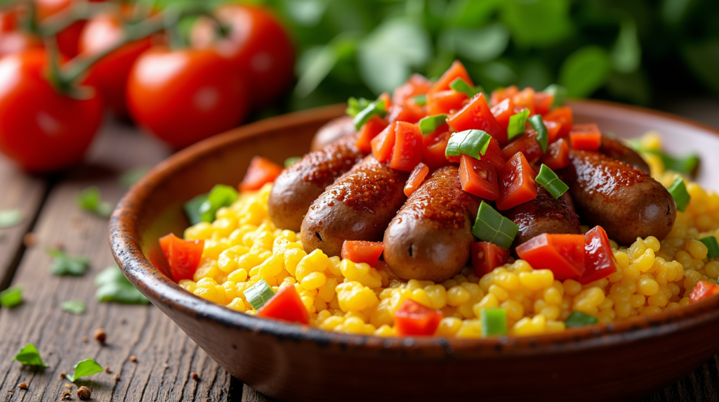A heartwarming homemade plate of tunisian ojja merguez featuring rustic hand formed merguez sausage