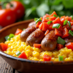 A heartwarming homemade plate of tunisian ojja merguez featuring rustic hand formed merguez sausage