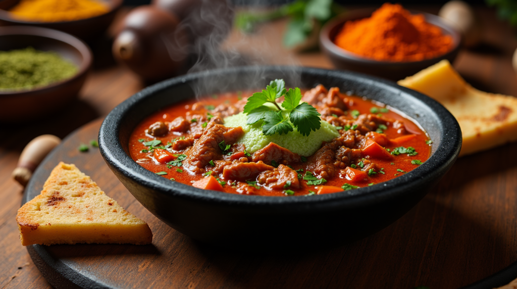 A steaming hot bowl of yemeni fahsa served in a traditional black stone bowl